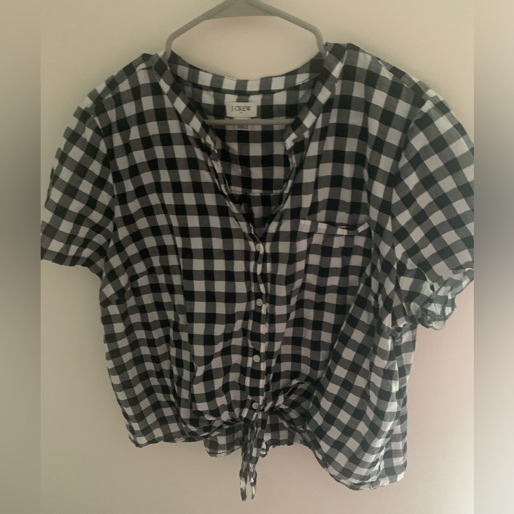 J Crew Gingham Button Down Tie Blouse